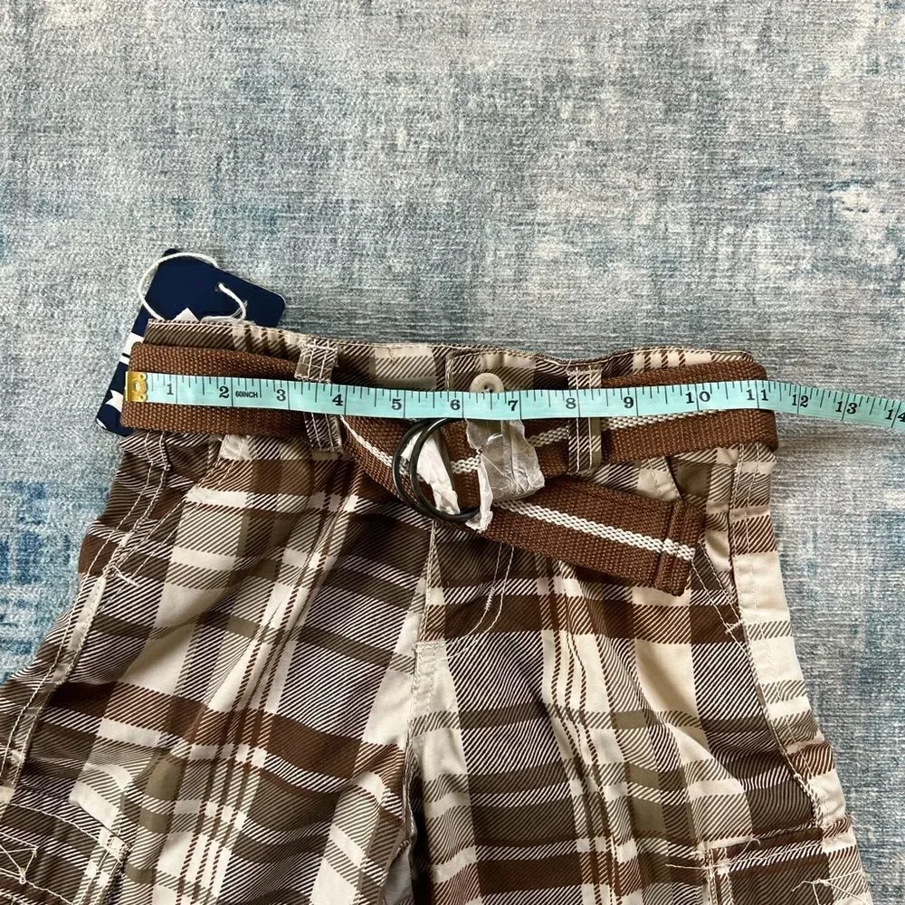 NWT! Boys Old Skool Brown Cream Plaid Cargo Shorts w Matching Belt Size 5